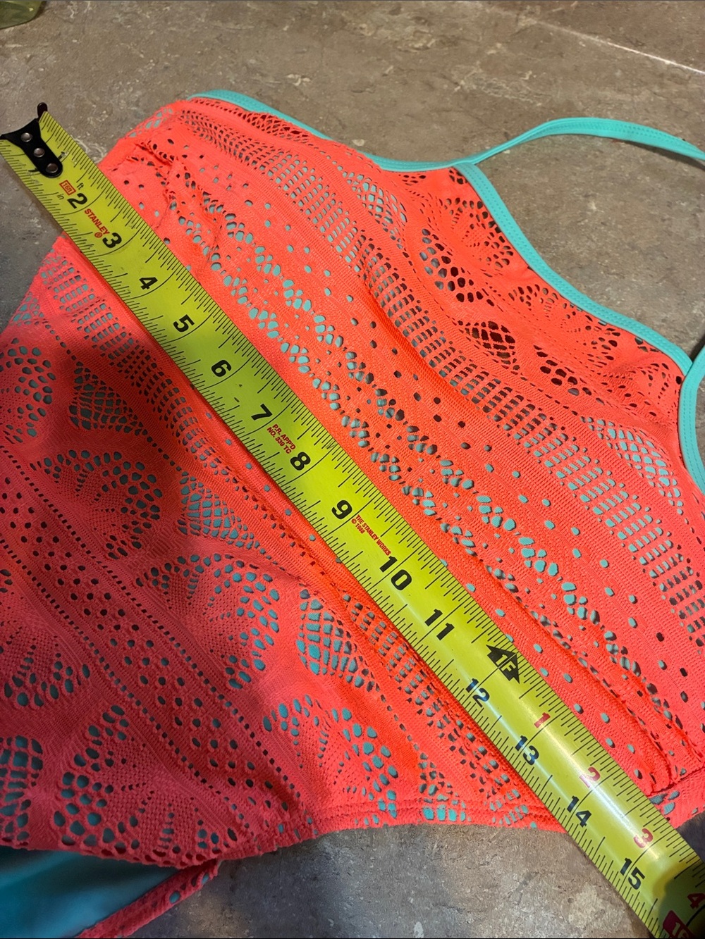 No Boundaries Size 11/13 Neon Coral Crochet One-Piece Swimsuit with Mint Trim - Picture 13 of 15